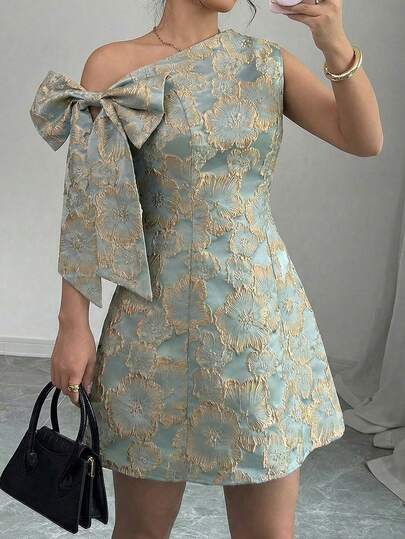 Elenzga Women's Elegant Party/Date Jacquard Fabric Bow Decor Waist Gathered A-Line Asymmetric Shoulder Mini Dress, Spring/Summer