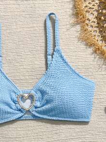 SHEIN 女孩可爱三件套泳衣，带披肩/荷叶边/时尚休闲优雅女士设计，适合游泳、夏季度假、海滩、泳池、节日派对 - 藍色 - 查看 6