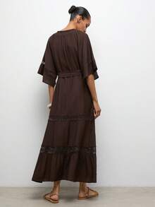 Maija Chocolate Brown Dress With Bell Sleeves, Lace Patchwork A-Line Silhouette, Casual Vacation Beach Wear Graduation Spring Summer Beach Outfits - Brown - View 6