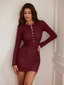 EMERY ROSE Robe pull mi-longue élégante noire à col boutonné, taille marquée, coupe slim et sexy, avec manches longues et décolleté dos nu - Rouge - Voir 5
