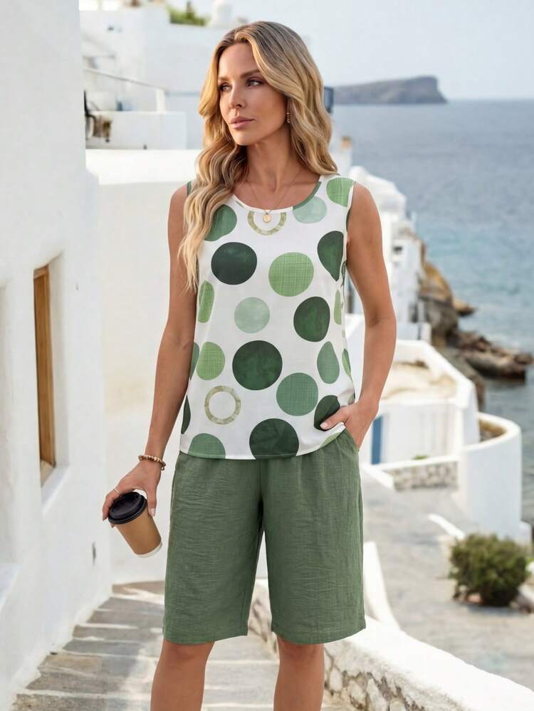 2pcs Women Geometric Print Round Neck Top And Shorts Set, Casual Daily Wear Going Out Outfit Two Piece Set For Women Short Sets For Women Summer Sets Matching Sets For Women Casual Women Outfits 2-Piece Going Out Sets For Women Casual Sets For Women Summer Outfit For Women Women S Summer Outfits Casual Outfit For Women Coords Women S Casual Clothing Short Sets For Women