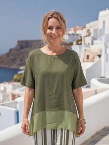 EMERY ROSE 女士圆领短袖休闲宽松衬衫 - 綠色 - 查看 2