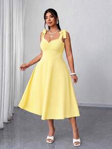 Elenzga 大码女士优雅浪漫褶皱A字吊带连衣裙，红色，春秋季女士夏季连衣裙，高品质连衣裙，女士正装，女士休闲连衣裙，女士优雅经典连衣裙 - 黃色 - 查看 1