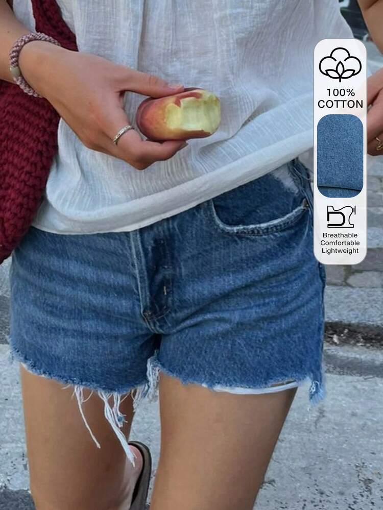 Women's High Waist Pocketed Frayed Hem Casual Versatile Denim Shorts Jorts Summer