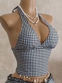 Swim Vcay Conjunto de tankini de 2 piezas para mujer, parte superior con cuello de halter con volantes y estampado a cuadros de café, Bottom de bikini con cordón y fruncido - Blanco y Negro - Ver 6