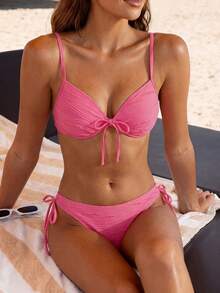 SHEIN Swim Bộ bikini 2 mảnh dành cho nữ, màu hồng cánh sen, chất liệu đặc biệt, dây mảnh, có gọng, nơ, kiểu dáng dễ thương, ngọt ngào, thích hợp cho kỳ nghỉ, có dây rút bên hông và cạp cao, thích hợp cho nữ, mùa xuân/hè 2026. - Màu Hồng Tươi - Xem 8