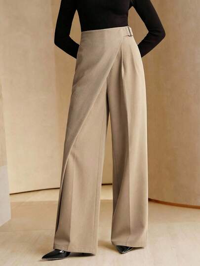 Anewsta Solid Color High Waist Wrap Tie Drape Slim Casual Pants For Commuting