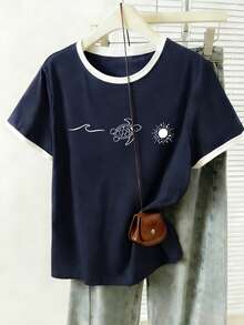 Resyla 女士休闲圆领短袖T恤，饰有海龟图案 - 彩色 - 查看 3