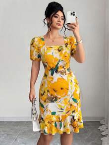 Elenzga Vestido de fiesta elegante con cintura ceñida y estampado floral para mujer de talla grande - Amarillo - Ver 3