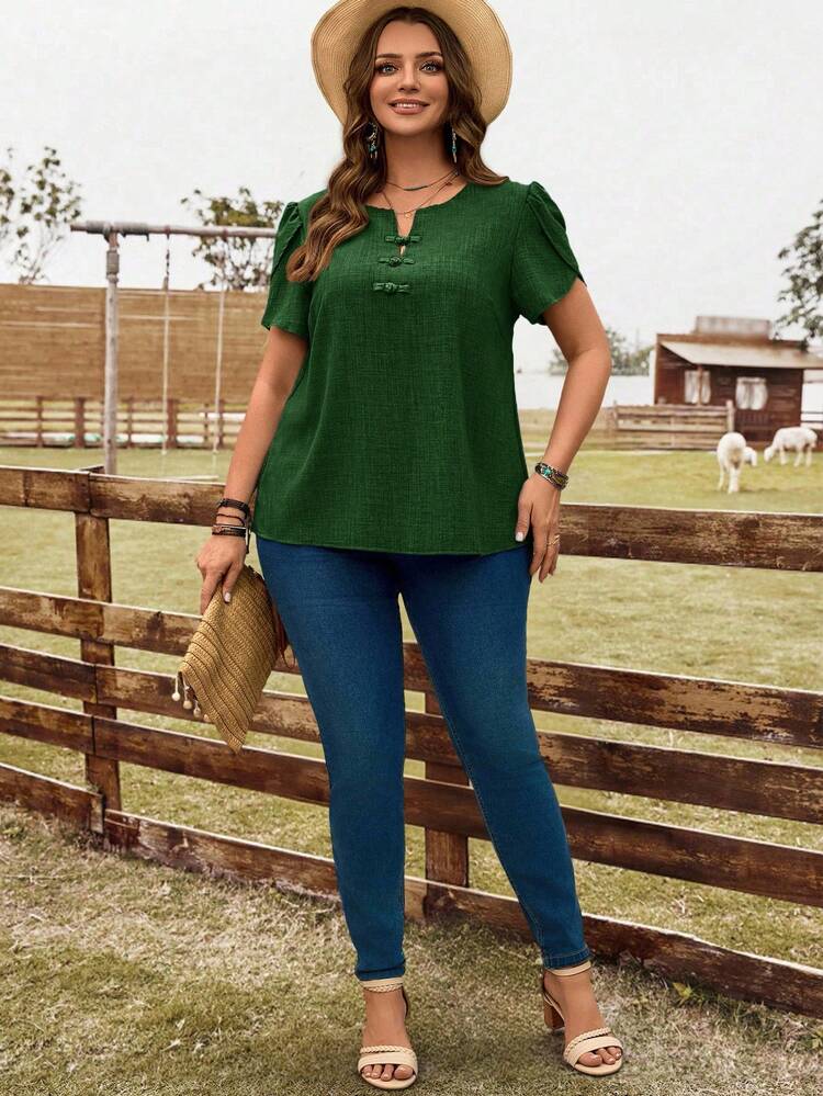 Plus Size Women Solid Color Petal Sleeve Button-Up Shirt, Summer - Green - View 4