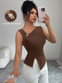 SHEIN Elenzya 女士时尚优雅纯色不对称肩部吊带背心 - 咖啡棕 - 查看 4
