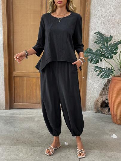 EMERY ROSE Women's Solid Color Round Neck 3/4 Sleeve High-Low Hem Shirt And Pants Casual 2 Pieces Set Office Casual Black Summer Two Piece Set For Women Two Piece Outfits For Women Two Piece For Ladies Summer Outfits For Women Going Out Outfits Vacation Outfits Women Summer Holiday Outfits Casual Sets For Women Office Outfits For Women Cotton Women's Clothing