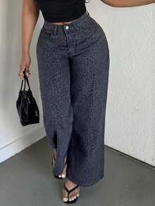 Alexandranx Quần jeans nữ thời trang, thoải mái, thoáng khí, họa tiết da báo, dáng rộng, phong cách Y2K - Xám - Xem 3