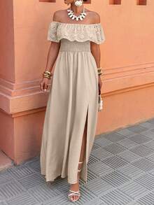 Flora Isola Flora Isola Women's Off Shoulder Ruffle Patchwork Dress, Suitable For Vacation/Casual Wear In Spring And Summer - Khaki - View 5