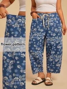 Travachic Quần jeans Harem dáng rộng dành cho nữ cỡ lớn, thích hợp mặc đi nghỉ mát và đi làm, họa tiết hoa, cạp chun, phối nhiều túi. - Rửa trung bình - Xem 2