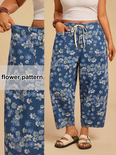 Travachic Jeans harem da donna taglie forti con vita con coulisse, stampa floreale, patchwork e tasche, adatti per il tempo libero e gli spostamenti quotidiani