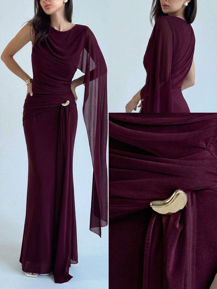 Aloruh Đầm dự tiệc dài màu trơn dành cho nữ, cổ tròn, đính kim loại, thắt eo thanh lịch. - Màu tím - Xem 1