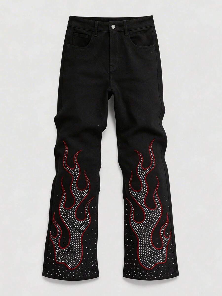 AXEPEAK Men's Washed Rhinestone Embellished Fashion Pants - Black - View 1