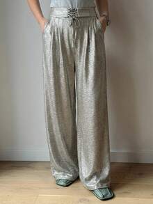 FRIFUL Pantaloni largi pentru femei, cu croi larg, cu talie încrucișată și decorațiuni cu noduri - Aur - Vizualizare 1