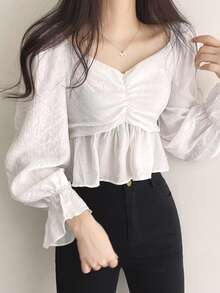 DAZY Blusa con volantes en el busto, mangas con volantes, top con peplum, volantes, ropa de otoño, top de manga larga, top tipo babydoll - Blanco - Ver 4