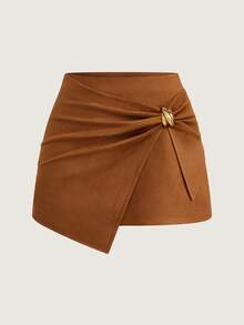 Olithes Women's Brown Autumn Elegant Tight Date Night High-Waisted Metal Buckle Decor Asymmetrical Hem A-Line Commuter Wrap Skirt Versatile Short Outfits - Brown - View 1
