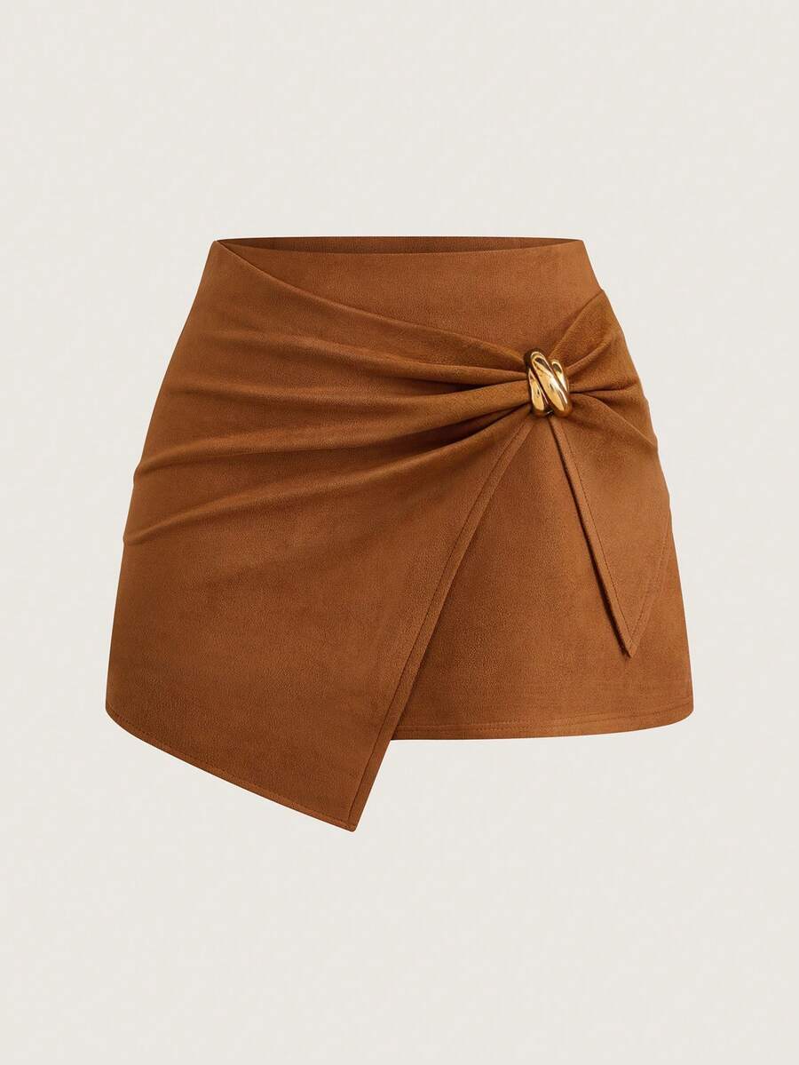 Olithes Women's Brown Autumn Elegant Tight Date Night High-Waisted Metal Buckle Decor Asymmetrical Hem A-Line Commuter Wrap Skirt Versatile Short Outfits - Brown - View 1