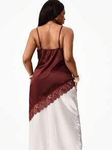 Coolane Débardeur femme grande taille d'été oversize, décontracté, en dentelle, avec ourlet asymétrique, patchwork, couleur unie. Idéal pour la plage et les vacances d'été. - Marron fonçé - Voir 5