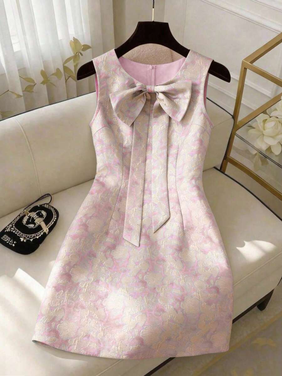 GlowEve Vestido curto azul texturizado sem mangas com laço, moda feminina de verão, adequado para passeios diários, encontros e feriados - Rosa chiclete - Visão 1