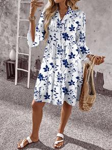 EMERY ROSE Vestido de talla grande con estampado floral azul y blanco, adecuado para vacaciones - Multicolor - Ver 6