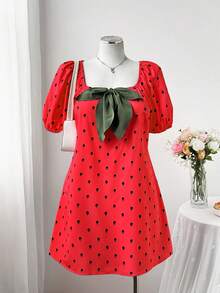 Sweetra 大码西瓜波点印花蝴蝶结装饰休闲连衣裙 - 粉色 - 查看 5