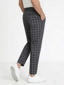 Manfinity Mode Quần tây nam kẻ caro có túi, kiểu dáng thường ngày/công sở. - Màu xám đen - Xem 2
