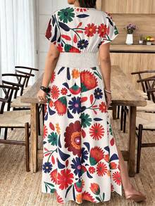 SHEIN LUNE 大码女式印花腰部褶皱深V开衩连衣裙，度假风 - 彩色 - 查看 5