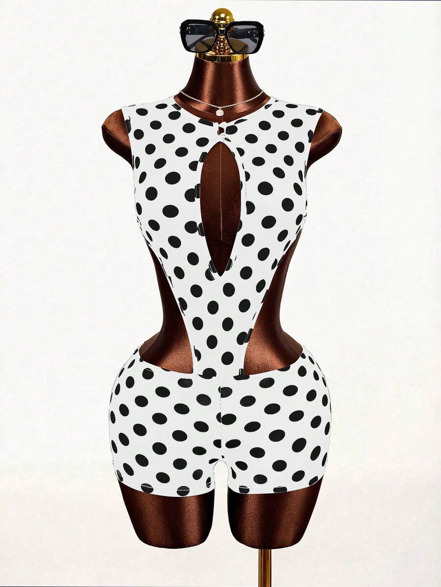 Mistrie Bộ jumpsuit chấm bi gợi cảm khoét eo dành cho nữ, jumpsuit chấm bi, đồ bơi chấm bi, jumpsuit nữ, bộ đồ liền thân nữ. - trắng - Xem 1