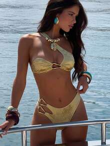 Swim SXY 2026 Spring/Summer Shiny Gold Sexy 2 Pieces Bikini, One-Shoulder Design + Side Hollow Tie-Up, Luxurious Bombshell Style, Eye-Catching Beach Swimwear Set Gold Swimsuit Bikini 2 Piece Set Gold Bikini Set Gold Two Piece Set Two Piece Beach Set Brazilian Bikini Set Boho Bikini Set Gold Bathing Suits For Women - Gold - View 1