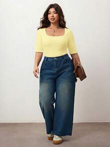 Enliva Áo thun nữ cỡ lớn, dáng ôm, cổ vuông, tay ngắn, co giãn tốt, thân thiện với da, thích hợp cho mùa xuân hè, tôn dáng người tròn trịa, phù hợp với dáng người quả táo/2026/Năm mới - Màu vàng - Xem 6