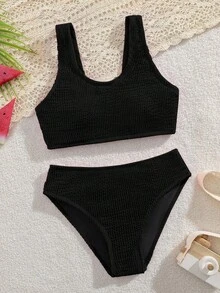 SHEIN Conjunto de bikini para niñas preadolescentes, de tela ondulada de punto, elegante y modesto, estilo europeo y americano, adecuado para vacaciones, natación, verano y playa. Conjunto de traje de baño de cintura alta modesto. Traje de baño negro de 2 piezas para niñas de 14 años. Traje de baño texturizado de 2 piezas. - Negro - Ver 5
