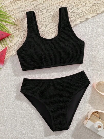 SHEIN 少女比基尼套装，针织波浪面料，优雅端庄的欧美时尚，适合度假、游泳、夏季、海滩穿着。高腰泳衣套装，端庄比基尼套装，黑色泳衣，14岁女孩两件式泳衣，黑色两件式纹理泳衣，两件式纹理泳衣。