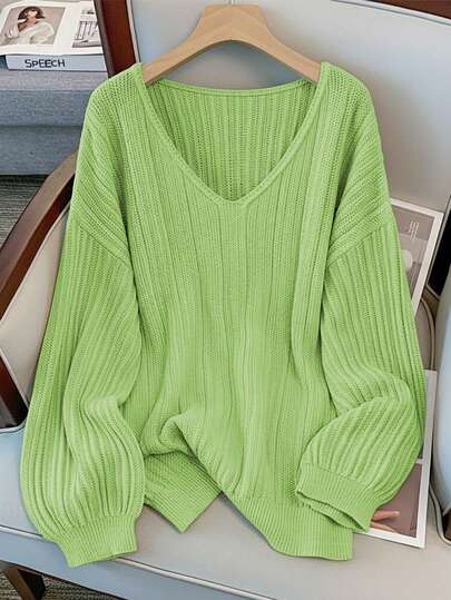 GlowEve CURVE プラスサイズ エレガントVネック ドロップショルダー 長袖 プルオーバー セーター