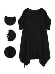 Linhara Vestido casual holgado de manga corta con cuello en V y dobladillo enrollado para mujer de talla grande - Negro - Ver 2