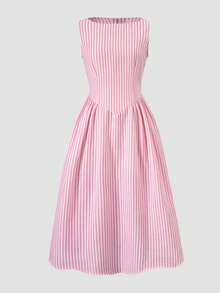 SHEIN Đầm xếp ly eo thon cổ tròn kẻ sọc dành cho thiếu nữ, thích hợp cho tiệc tùng và đi chơi. - Hồng - Xem 4