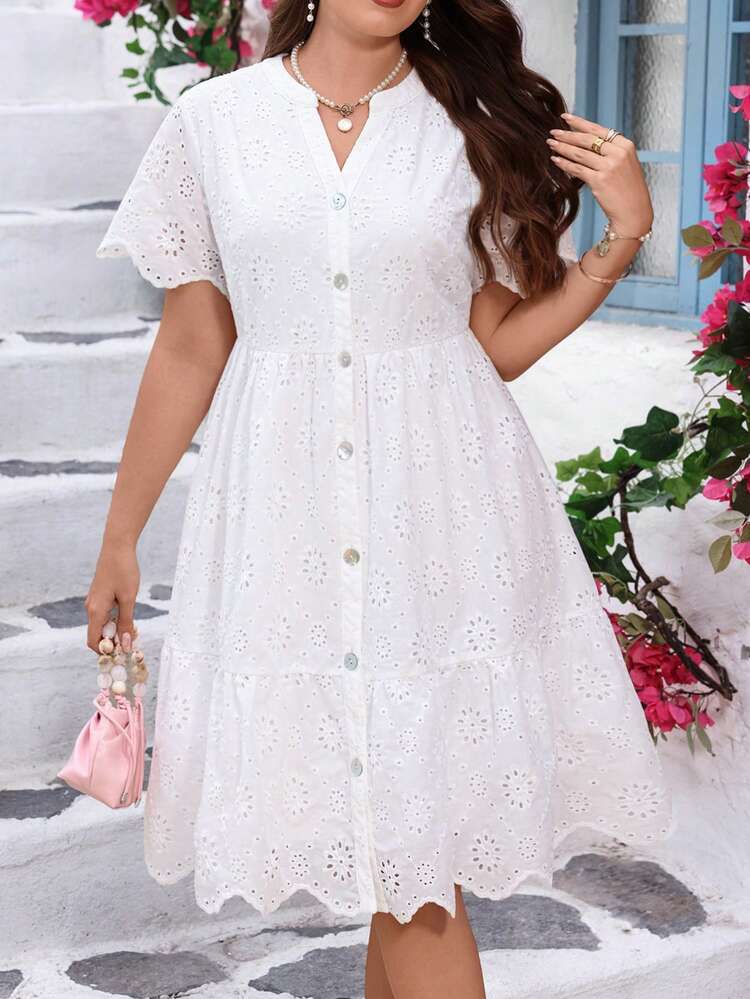 Plus Size Women Vacation Floral Embroidery V-Neck Short Sleeve Casual Dress