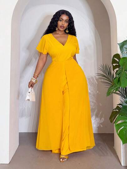 Veslaya 2026 Primavera/Verano Mono de gasa de manga abullonada corta con cuello en V amarillo para mujer talla grande, versátil para festival de música, Pascua, fiesta de cumpleaños, graduación, escuela, uso diario, casual, vacaciones, crucero, playa, tomar el sol, invitado de boda, ir al trabajo, brunch, aeropuerto, fiesta, salida festiva, gala elegante, baile, discoteca