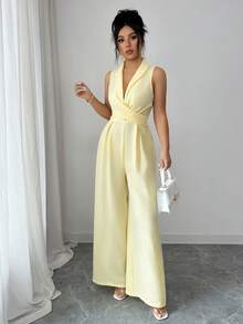 Elenzga 女士浅黄色褶皱领高端设计前开襟蝴蝶结腰带连体裤，优雅大方，适合情人节、复活节、劳动节、生日、约会、派对、正式场合、教师装、旅行、春夏穿着。 - 淡黃色 - 查看 7