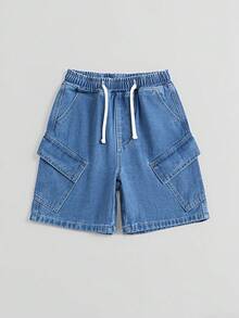 Toddler Tween Boy Washed Denim Cargo Pocket Loose Wide Leg Casual Shorts, Blue - Medium Wash - View 3