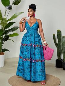 Maweii 大码女士度假抽象撞色印花吊带深褶皱设计，露背松紧腰，多层荷叶边蛋糕裙，撞色花卉饰边，大码半身裙，新款大码度假、海滩、日光浴、时尚百搭外出、派对、约会之夜、情人节浪漫约会、时尚吊带长裙 - 彩色 - 查看 5