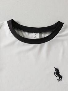 一件式短袖休闲印花春夏少女夏季通勤套装，运动休闲直筒裤，短袖轻便舒适两件套。 - 黑與白 - 查看 6