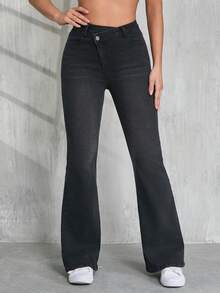 SHEIN PETITE 女式低腰紧身喇叭牛仔裤，深灰色牛仔裤 - 深灰色 - 查看 5