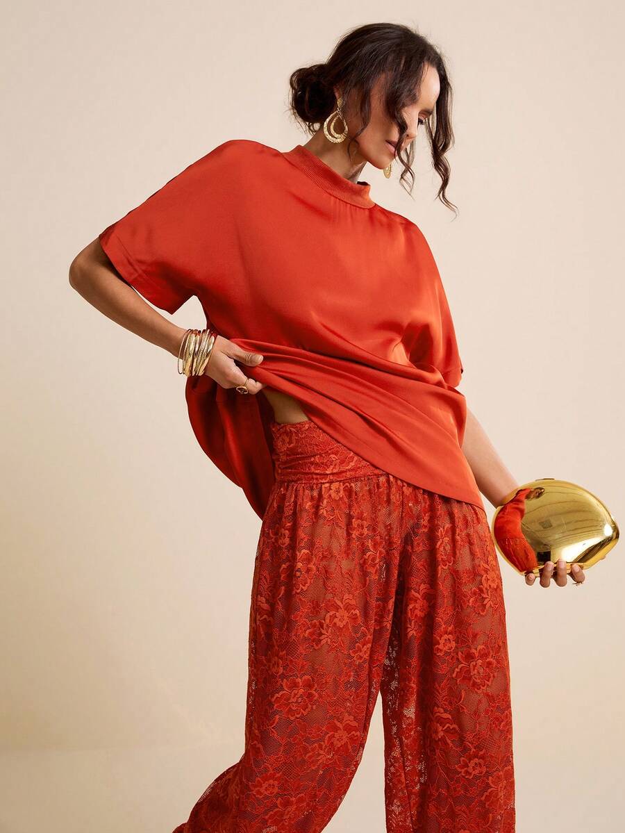 LOTSLUV Conjunto de 2 piezas de mujer con camiseta holgada de cuello redondo en color rojo óxido y pantalones con puños de encaje, para primavera/verano - Óxido marrón - Ver 1