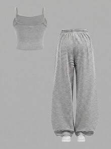 SHEIN Girlism Bộ đồ mặc nhà thường ngày cho bé gái tuổi teen: áo hai dây ôm sát viền ren và quần ống rộng kẻ sọc. - Xám - Xem 2