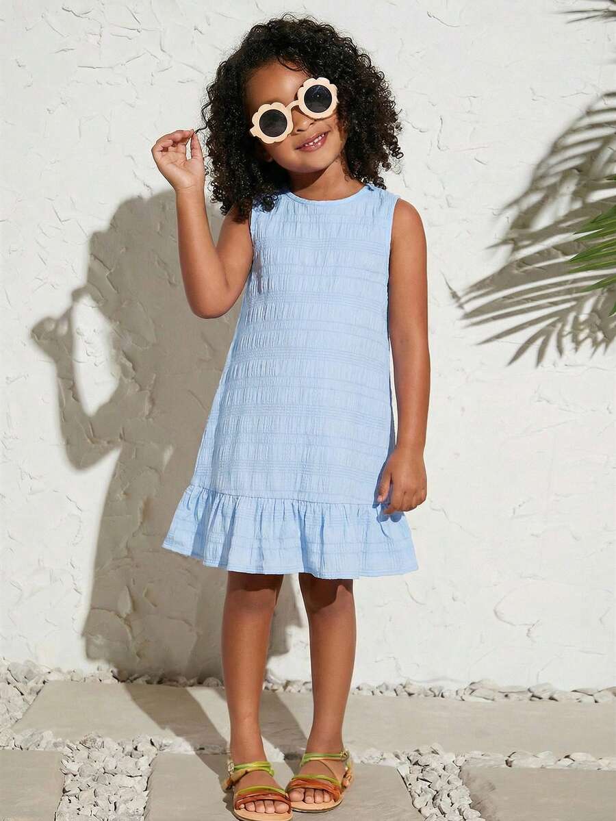 Gaun Tanpa Lengan Leher Bulat Warna Polos Tenun Kasual Modis untuk Liburan Anak Perempuan, Anak-anak - Baby Blue - View 1